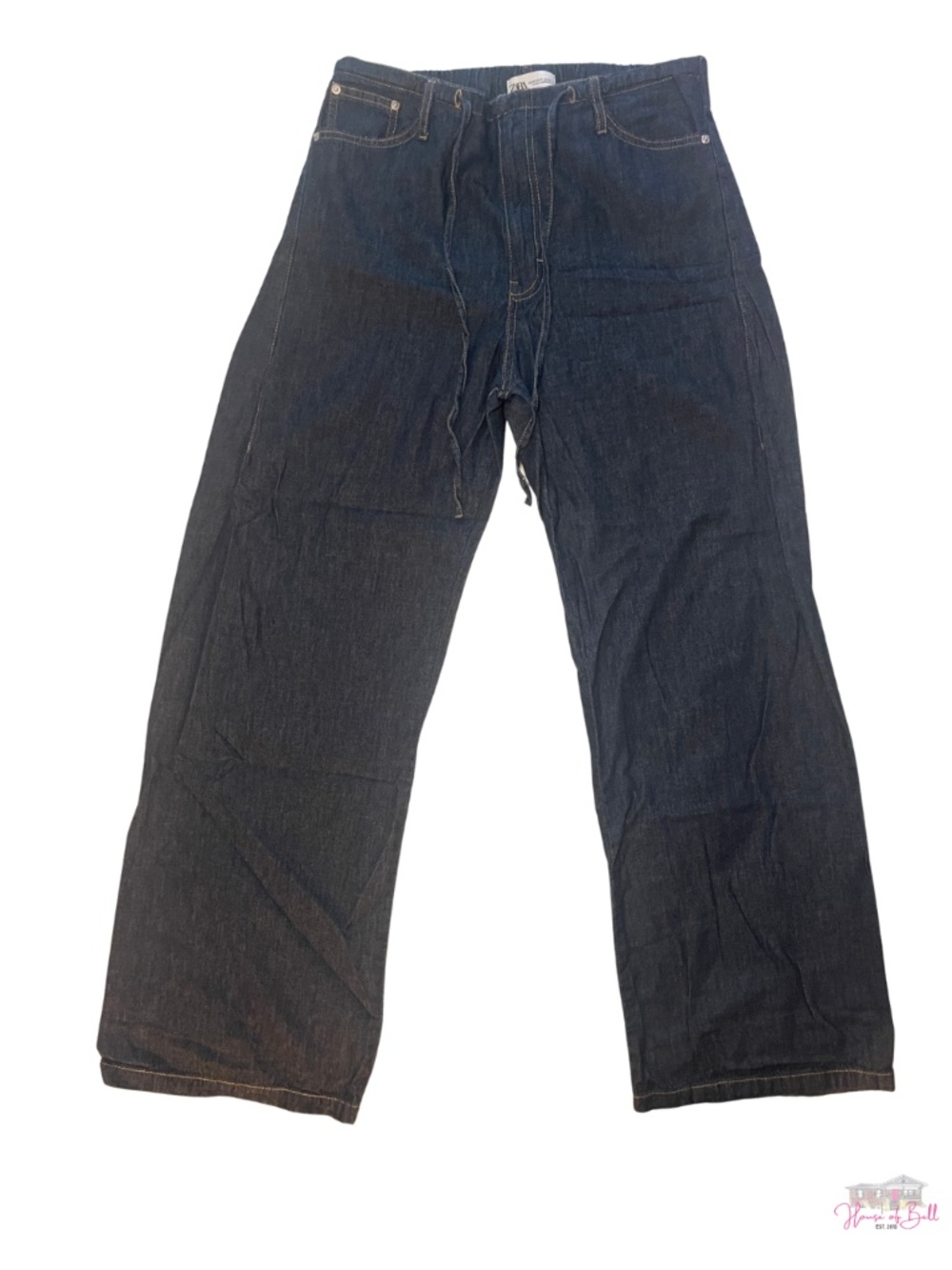 Zara Dark Wash Wide Leg Drawstring Jeans Elastic Waist Pants Baggy Size 8